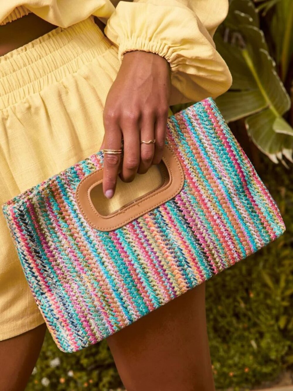Women colorful Top Handle Straw Clutch Raffia Woven Shoulder Crossbody Handbag - Picture 7 of 7
